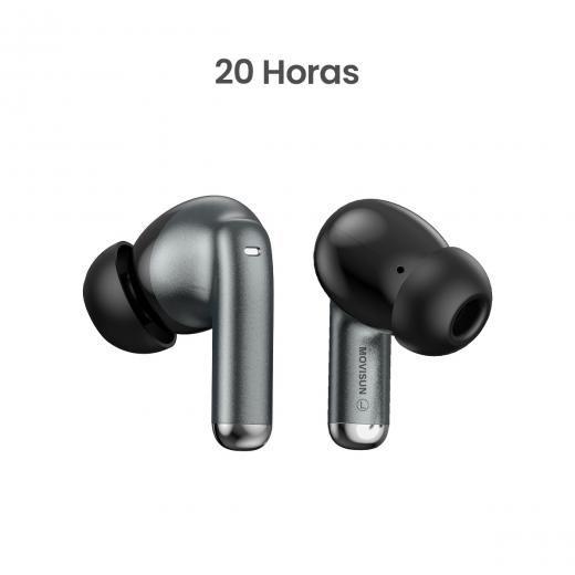 MOVISUN T 22 Plateado – Audífonos Inalámbricos Bluetooth con Control Táctil, 20h de Autonomía, Micrófono, Estuche Tipo C, Sonido Estéreo, Compatibles con Android y iPhone