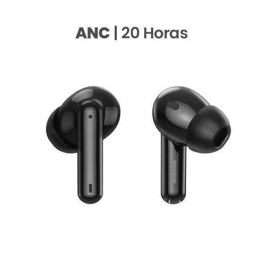 MOVISUN Earbox Buds5 Negro – Audífonos Inalámbricos con Cancelación de Ruido, Modo Transparencia, Micrófono para Llamadas, Bluetooth 5.3, Hasta 20 h