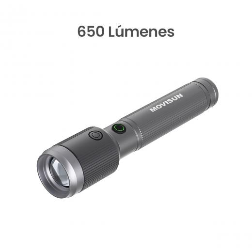 MOVISUN Light Super – Linterna Táctica 650 lm con Zoom Telescópico, Modo SOS, Flash, Recargable Tipo C, 1300 mAh, Hasta 300m de Alcance, Aleación de Aluminio