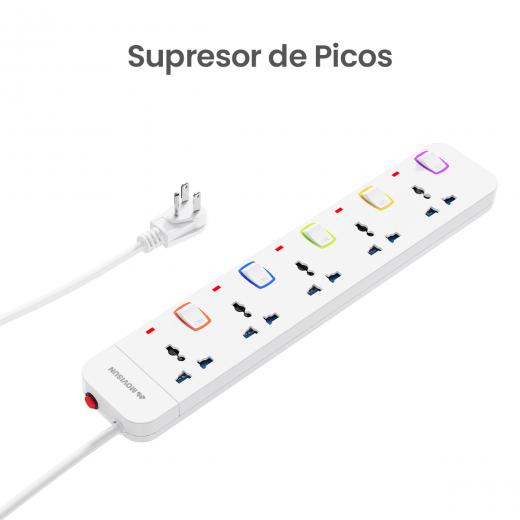 MOVISUN EXCO-501 Blanco - Supresor de Picos, 5 Tomas, 3 m, Protección Sobrecarga