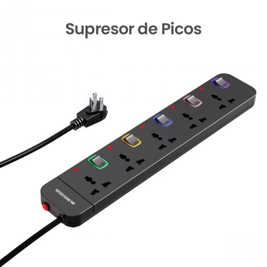 MOVISUN EXCO-501 Negro - Supresor de Picos, 5 Tomas, 3 m, Protección Sobrecarga