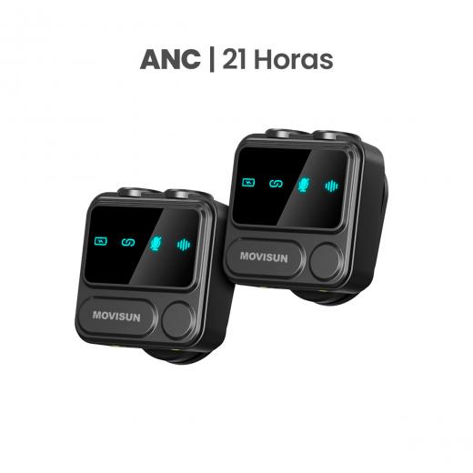 MOVISUN Mi F1 Negro – Micrófono Inalámbrico Dual con Estuche Digital, ANC, Reverberación, Compatible con iPhone y Android, Ideal para Streaming, Entrevistas y Podcasts, 21H de Autonomía