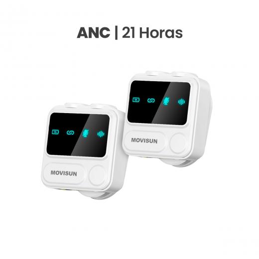 MOVISUN Mi F1 Blanco – Micrófono Inalámbrico Dual con Estuche Digital, ANC, Reverberación, Compatible con iPhone y Android, Ideal para Streaming, Entrevistas y Podcasts, 21H de Autonomía