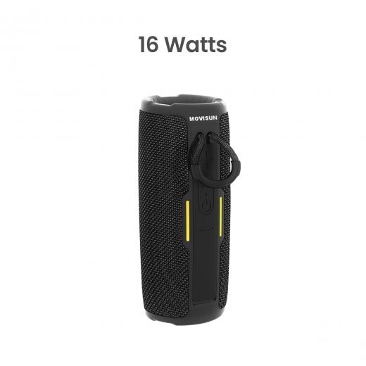 MOVISUN Power Three Negro – Parlante Bluetooth 16W con Radio FM, Función TWS, Luces LED, Batería 2500 mAh y Reproducción USB/TF