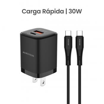 MOVISUN KIT de Cargador MPD 30 Negro – Carga Rápida QC y PD hasta 30W, Cabezal con Doble Salida USB y Tipo C, Incluye Cable Tipo C a Tipo C de 60W y 1.2m, Ideal para Celulares, Tablets y Más