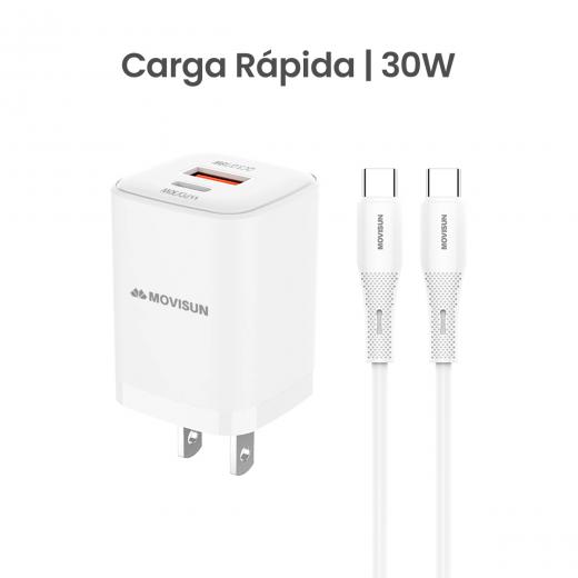 MOVISUN KIT de Cargador MPD 30 Blanco – Carga Rápida QC y PD hasta 30W, Cabezal con Doble Salida USB y Tipo C, Incluye Cable Tipo C a Tipo C de 60W y 1.2m, Ideal para Celulares, Tablets y Más