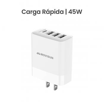MOVISUN Cabezal de Carga Rápida MPD 45 Blanco – Potencia Máxima 45W, 4 Salidas (1 Tipo C + 3 USB), Compatible con Carga Rápida PD/PPS, QC 3.0, AFC, FCP, Apple 2.4A, Ideal para Celulares, Laptops, Tablets y Más