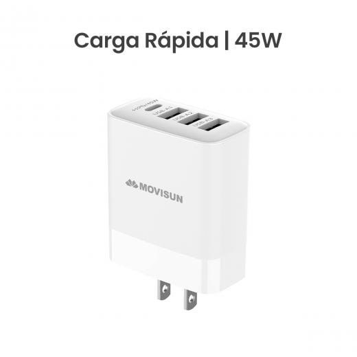 MOVISUN Cabezal de Carga Rápida MPD 45 Blanco – Potencia Máxima 45W, 4 Salidas (1 Tipo C + 3 USB), Compatible con Carga Rápida PD/PPS, QC 3.0, AFC, FCP, Apple 2.4A, Ideal para Celulares, Laptops, Tablets y Más