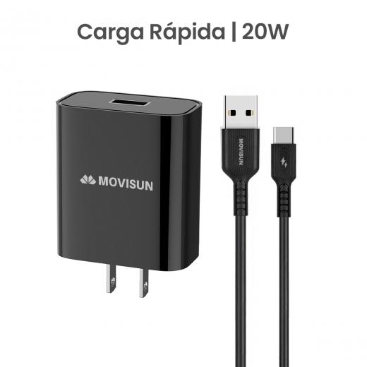 MOVISUN KIT de Cargador MQC 20 Negro – Carga Rápida QC hasta 22.5W, Cabezal con Salida USB Inteligente y Cable USB a Tipo C de 3.5A 1m, Ideal para Celulares y Dispositivos USB-C