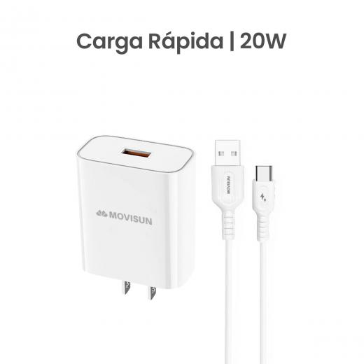 MOVISUN KIT de Cargador MQC 20 Blanco – Carga Rápida QC hasta 22.5W, Cabezal con Salida USB Inteligente y Cable USB a Tipo C de 3.5A 1m, Ideal para Celulares y Dispositivos USB-C