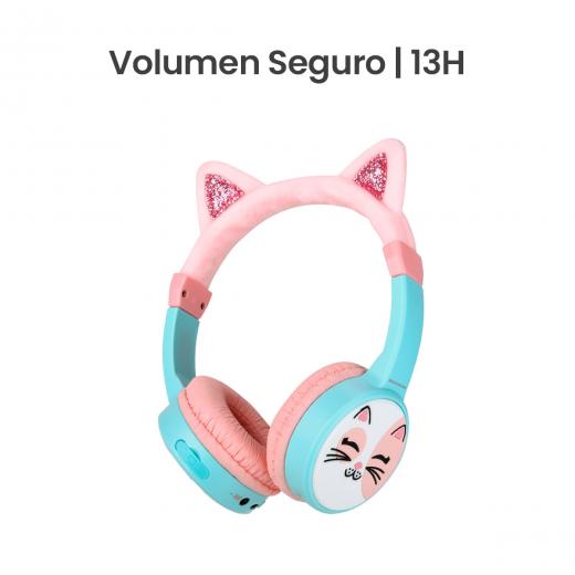 MOVISUN Urban Kids Gata – Audífonos Inalámbricos para Niños con Volumen Seguro (82 dB), Almohadillas Afelpadas, Bluetooth 5.3, TF, AUX, 13h de Reproducción