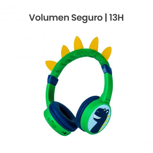 MOVISUN Urban Kids Dinosaurio – Audífonos Inalámbricos para Niños con Volumen Seguro (82 dB), Almohadillas Afelpadas, Bluetooth 5.3, TF, AUX, 13h de Reproducción