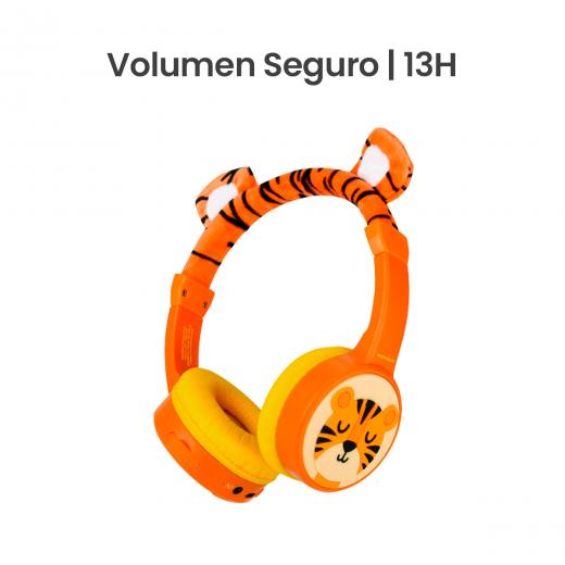 MOVISUN Urban Kids Tigre – Audífonos Inalámbricos para Niños con Volumen Seguro (82 dB), Almohadillas Afelpadas, Bluetooth 5.3, TF, AUX, 13h de Reproducción