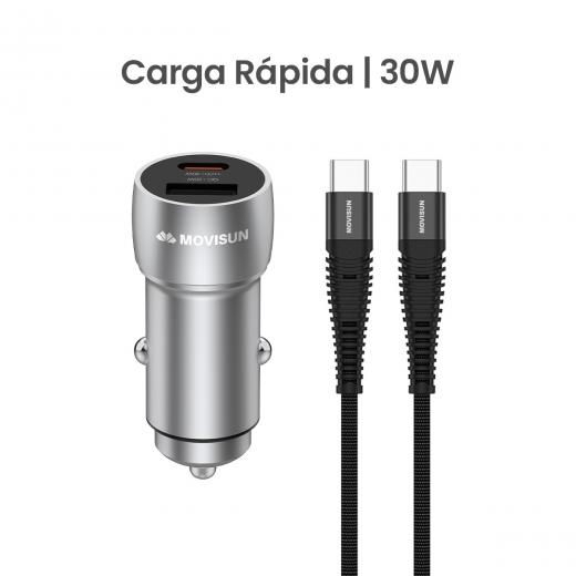MOVISUN KIT de Cargador de Auto AQC 30 Plateado – Carga Rápida QC y PD hasta 30W, Cabezal con Salida Tipo C (PD) + USB (QC), Incluye Cable Tipo C a Tipo C de 60W y 1.2m, Ideal para Vehículos y Dispositivos USB-C