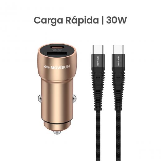 MOVISUN KIT de Cargador de Auto AQC 30 Dorado – Carga Rápida QC y PD hasta 30W, Cabezal con Salida Tipo C (PD) + USB (QC), Incluye Cable Tipo C a Tipo C de 60W y 1.2m, Ideal para Vehículos y Dispositivos USB-C
