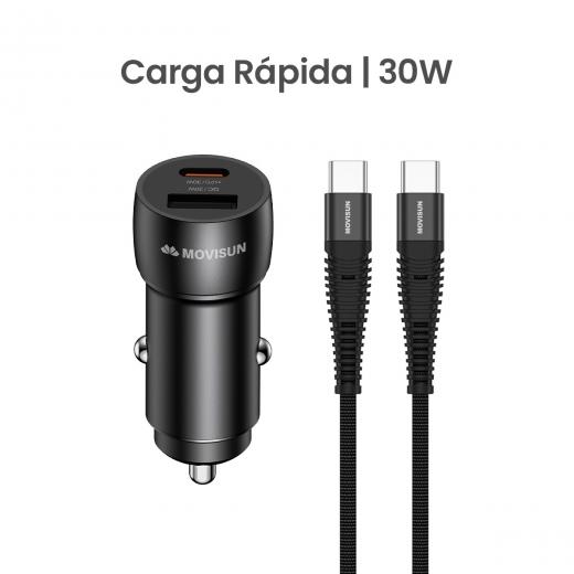 MOVISUN KIT de Cargador de Auto AQC 30 Negro – Carga Rápida QC y PD hasta 30W, Cabezal con Salida Tipo C (PD) + USB (QC), Incluye Cable Tipo C a Tipo C de 60W y 1.2m, Ideal para Vehículos y Dispositivos USB-C