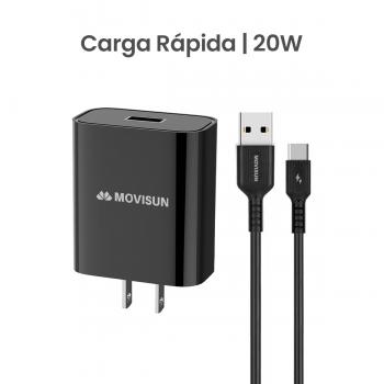 MOVISUN KIT de Cargador MQC 20 Negro – Carga Rápida QC hasta 22.5W, Cabezal con Salida USB Inteligente y Cable USB a Tipo C de 3.5A 1m, Ideal para Celulares y Dispositivos USB-C