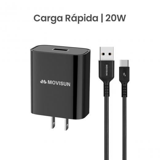 MOVISUN KIT de Cargador MQC 20 Negro – Carga Rápida QC hasta 22.5W, Cabezal con Salida USB Inteligente y Cable USB a Tipo C de 3.5A 1m, Ideal para Celulares y Dispositivos USB-C