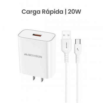 MOVISUN KIT de Cargador MQC 20 Blanco – Carga Rápida QC hasta 22.5W, Cabezal con Salida USB Inteligente y Cable USB a Tipo C de 3.5A 1m, Ideal para Celulares y Dispositivos USB-C