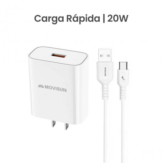 MOVISUN KIT de Cargador MQC 20 Blanco – Carga Rápida QC hasta 22.5W, Cabezal con Salida USB Inteligente y Cable USB a Tipo C de 3.5A 1m, Ideal para Celulares y Dispositivos USB-C