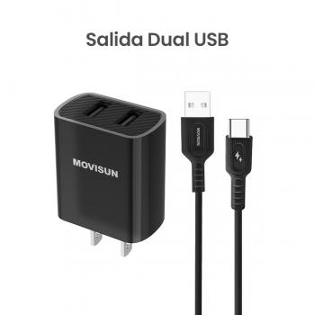 MOVISUN KIT de Cargador MC 57 Negro – Cabezal Dual USB 5V/2.1A + Cable USB a Tipo C 1m 5V/2A, Carga Simultánea para Dos Dispositivos, Diseño Compacto y Duradero