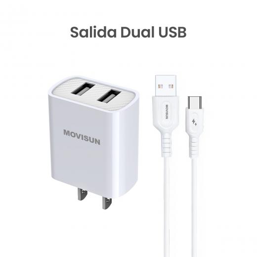 MOVISUN KIT de Cargador MC 57 Blanco – Cabezal Dual USB 5V/2.1A + Cable USB a Tipo C 1m 5V/2A, Carga Simultánea para Dos Dispositivos, Diseño Compacto y Duradero