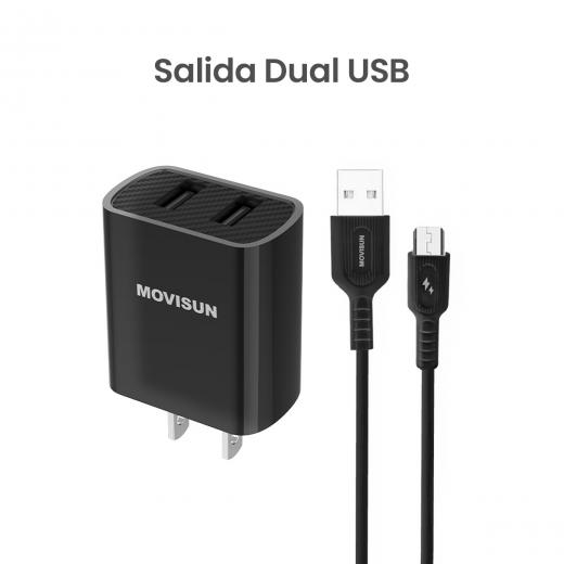 MOVISUN KIT de Cargador MC 56 Negro – Cabezal Dual USB 10.5W + Cable USB a Micro USB (V8) de 1m, Carga Simultánea para Dos Dispositivos, Diseño Compacto y Duradero