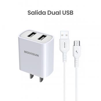 MOVISUN KIT de Cargador MC 56 Blanco – Cabezal Dual USB 10.5W + Cable USB a Micro USB (V8) de 1m, Carga Simultánea para Dos Dispositivos, Diseño Compacto y Duradero