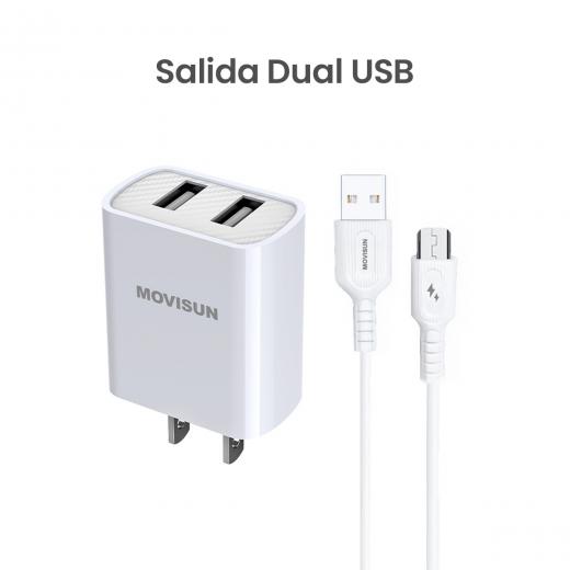 MOVISUN KIT de Cargador MC 56 Blanco – Cabezal Dual USB 10.5W + Cable USB a Micro USB (V8) de 1m, Carga Simultánea para Dos Dispositivos, Diseño Compacto y Duradero