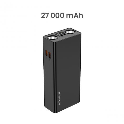 MOVISUN Power Bank Rocket X27 27000mAh Negro – Carga Rápida PD y QC hasta 22.5W, 3 Salidas Simultáneas (USB + Tipo C), 2 Linternas LED, Pantalla Digital, Compatible con Celulares, Tablets y Más