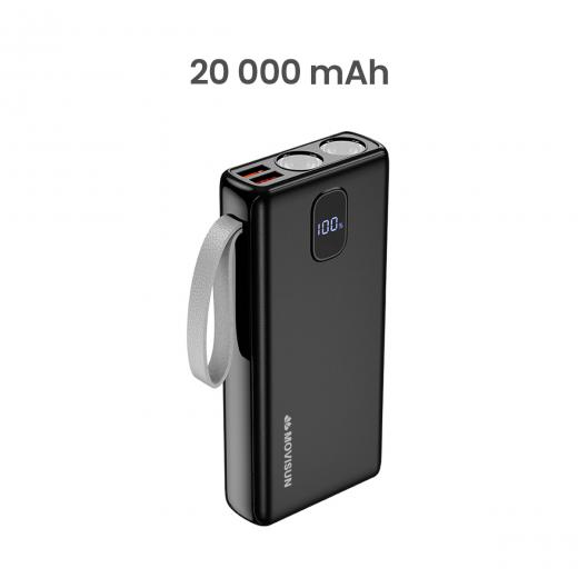 MOVISUN Power Bank Rocket X22 20000mAh Negro – Carga Rápida PD y QC hasta 22.5W, 3 Salidas Simultáneas, Pantalla Digital LED, Linterna Dual, Ideal para Viajes, Celulares y Más