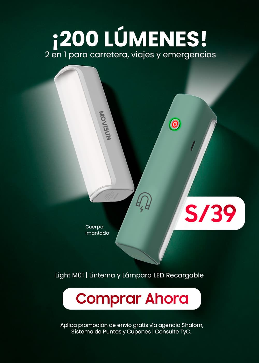 MOVISUN Light M01 Verde – Linterna Magnética LED  Ideal para Auto, Camping y Emergencias