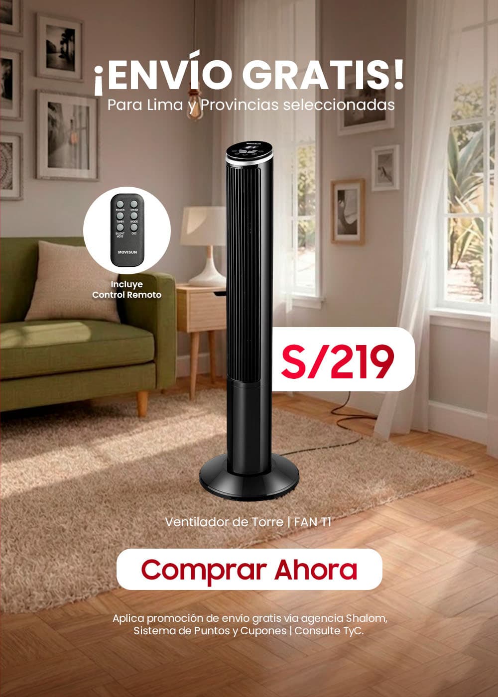 MOVISUN FAN T1 - Ventilador de Torre con Modo Sueño, Potente y Silencioso, 3 Velocidades, Oscilación 70grados