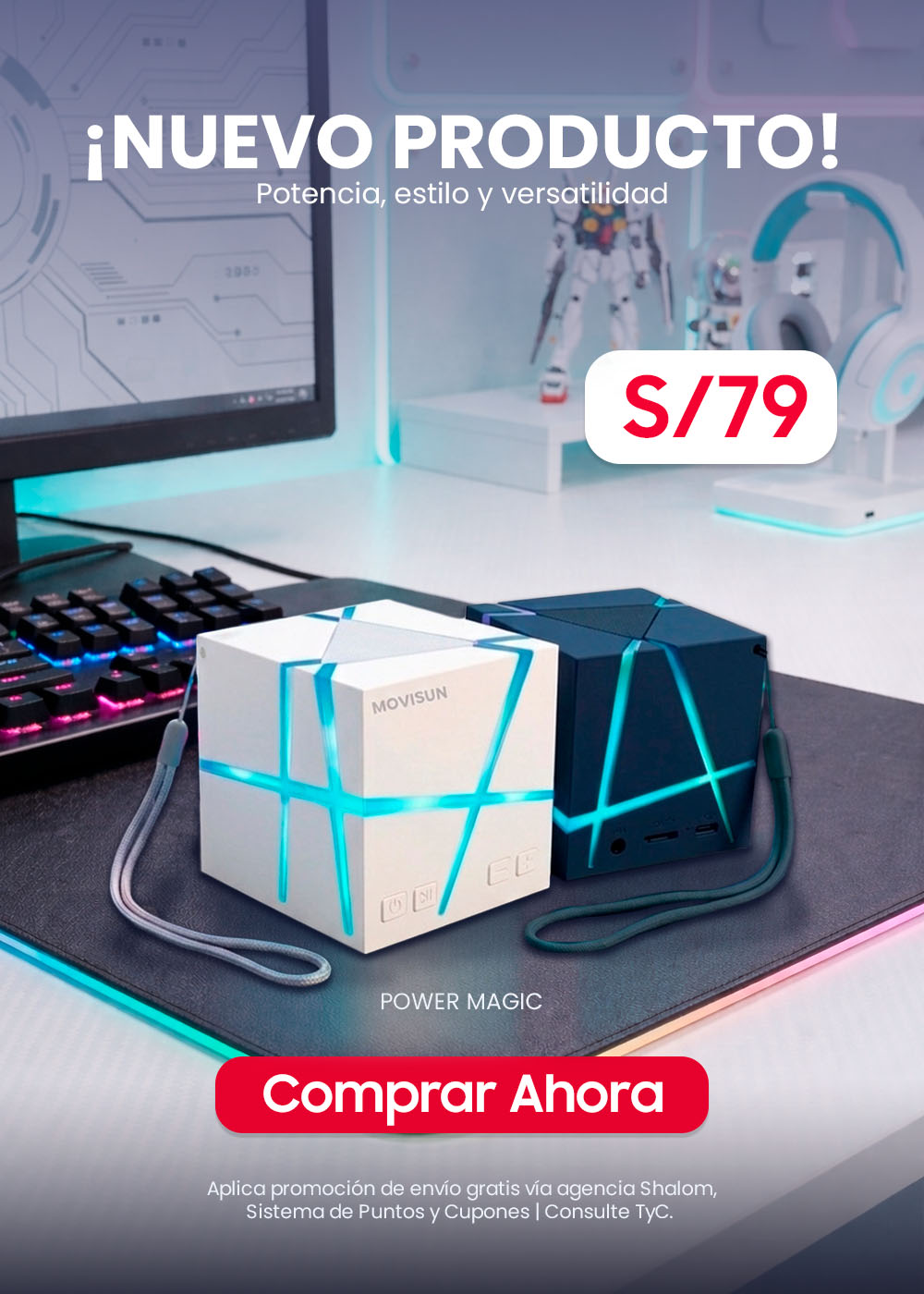 MOVISUN Power Magic Azul - Parlante con Luces LED RGB, Bluetooth 6.0, Modo TWS, 5W