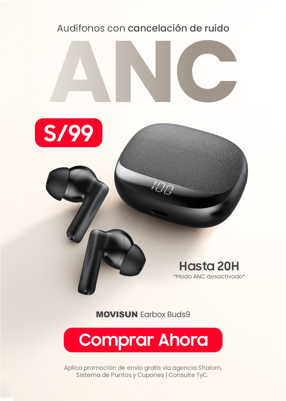 MOVISUN Earbox Buds9 Negro - Audífonos Inalámbricos con ANC y Modo Transparencia