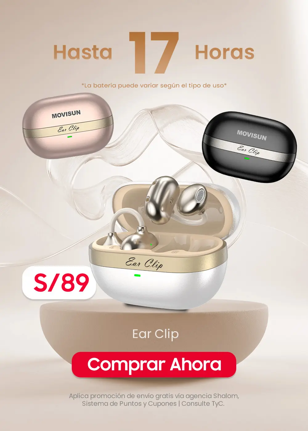 MOVISUN Ear Clip Rosa – Audífonos Inalámbricos Estilo Arete