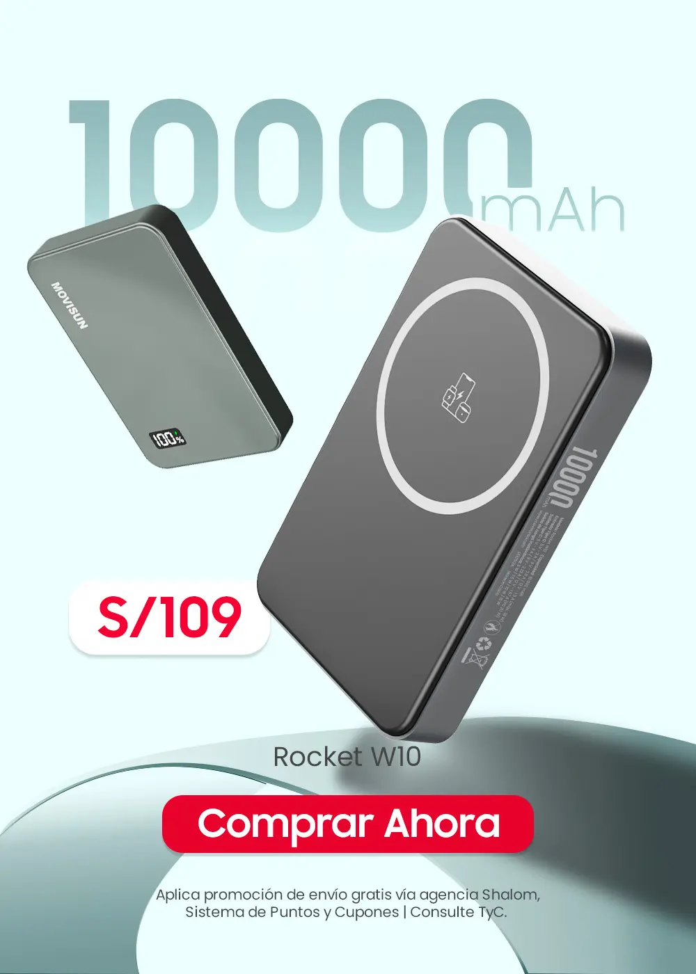 MOVISUN Rocket W10 Plateado - Power Bank Magnético con Carga Inalámbrica