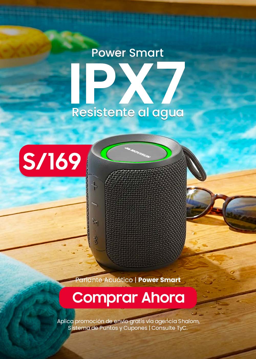 MOVISUN Power Smart Azul – Parlante Bluetooth Acuático IPX7, 16W
