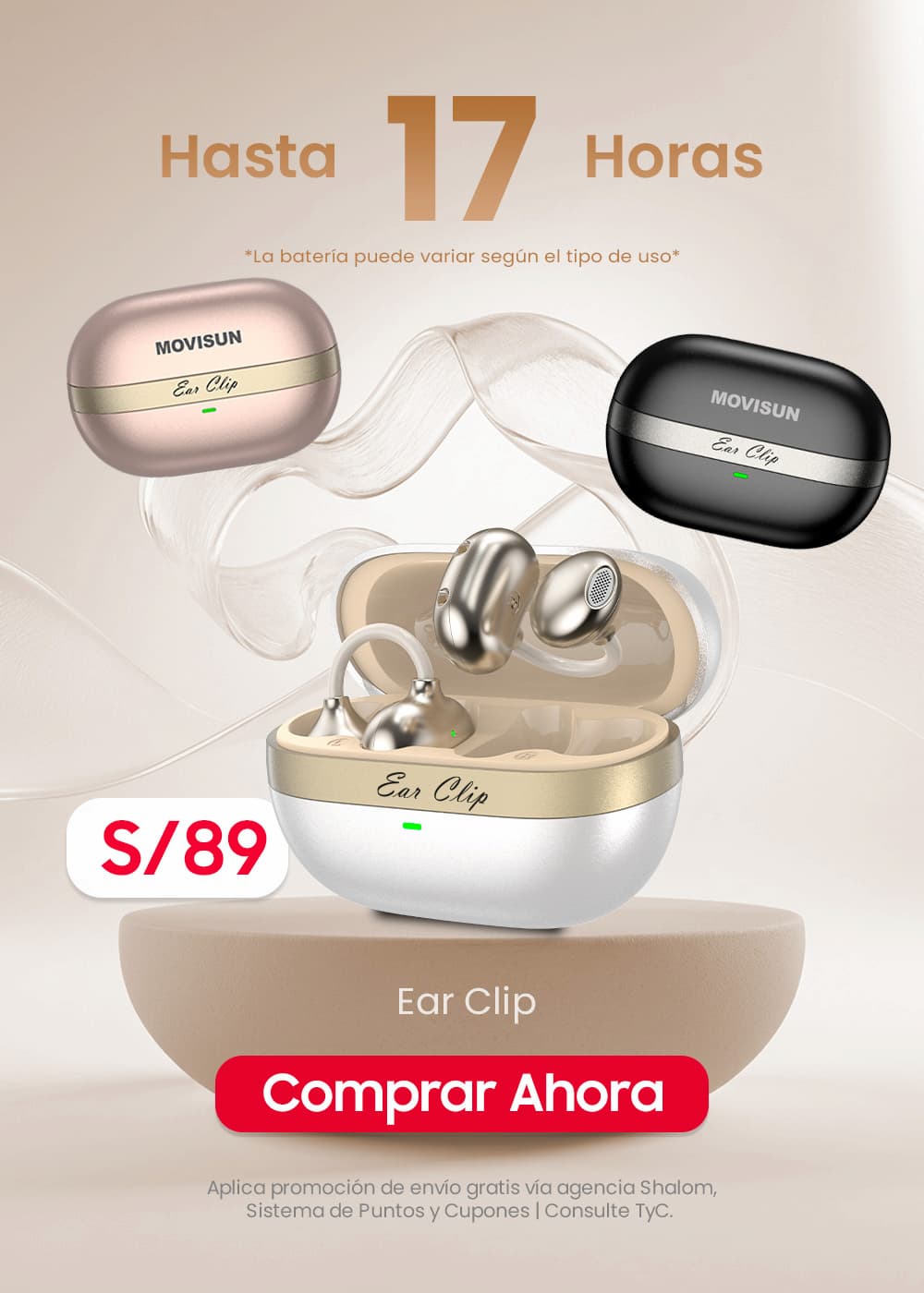 MOVISUN Ear Clip Rosa – Audífonos Inalámbricos Estilo Arete